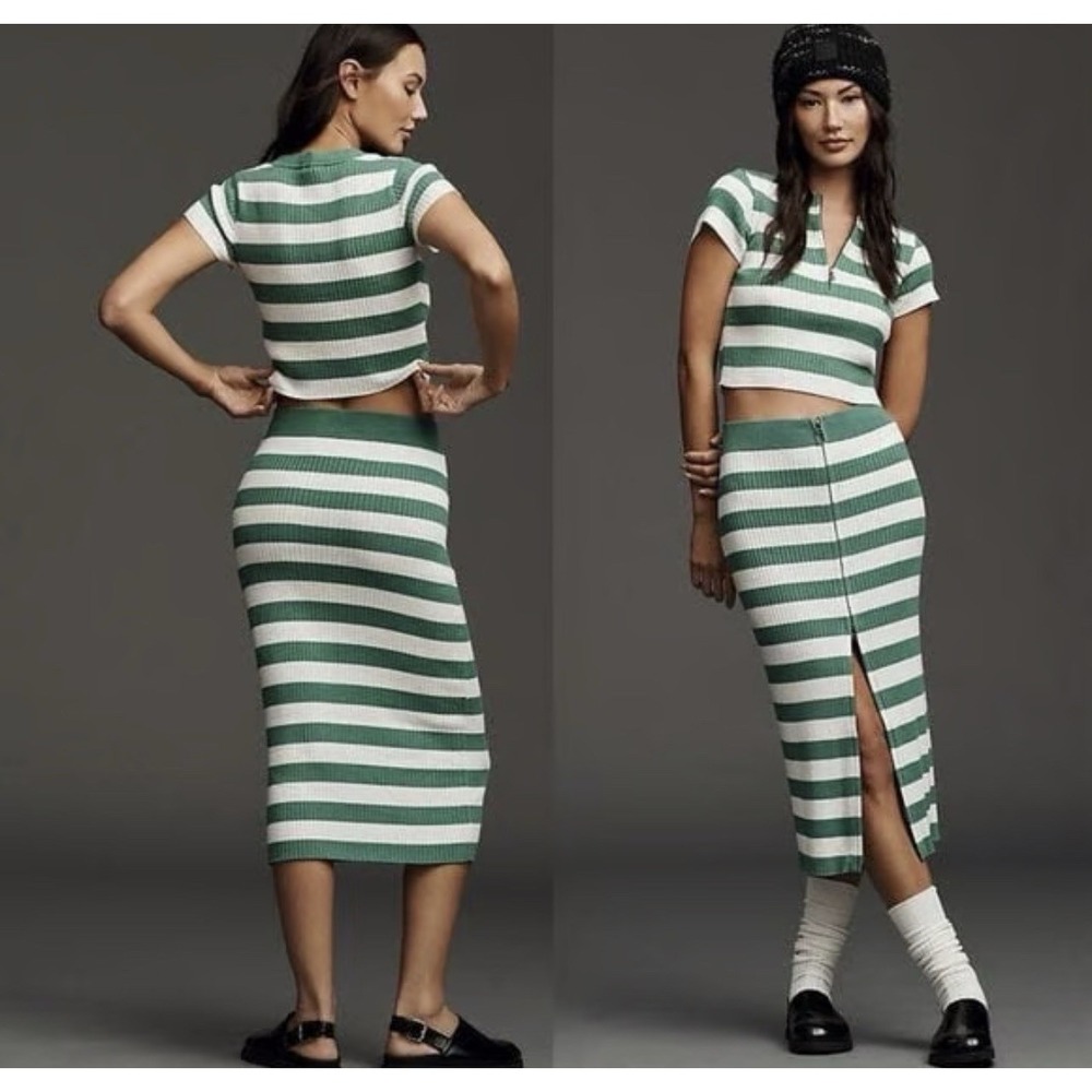 Anthropologie Green and White Striped Knit Midi Skirt